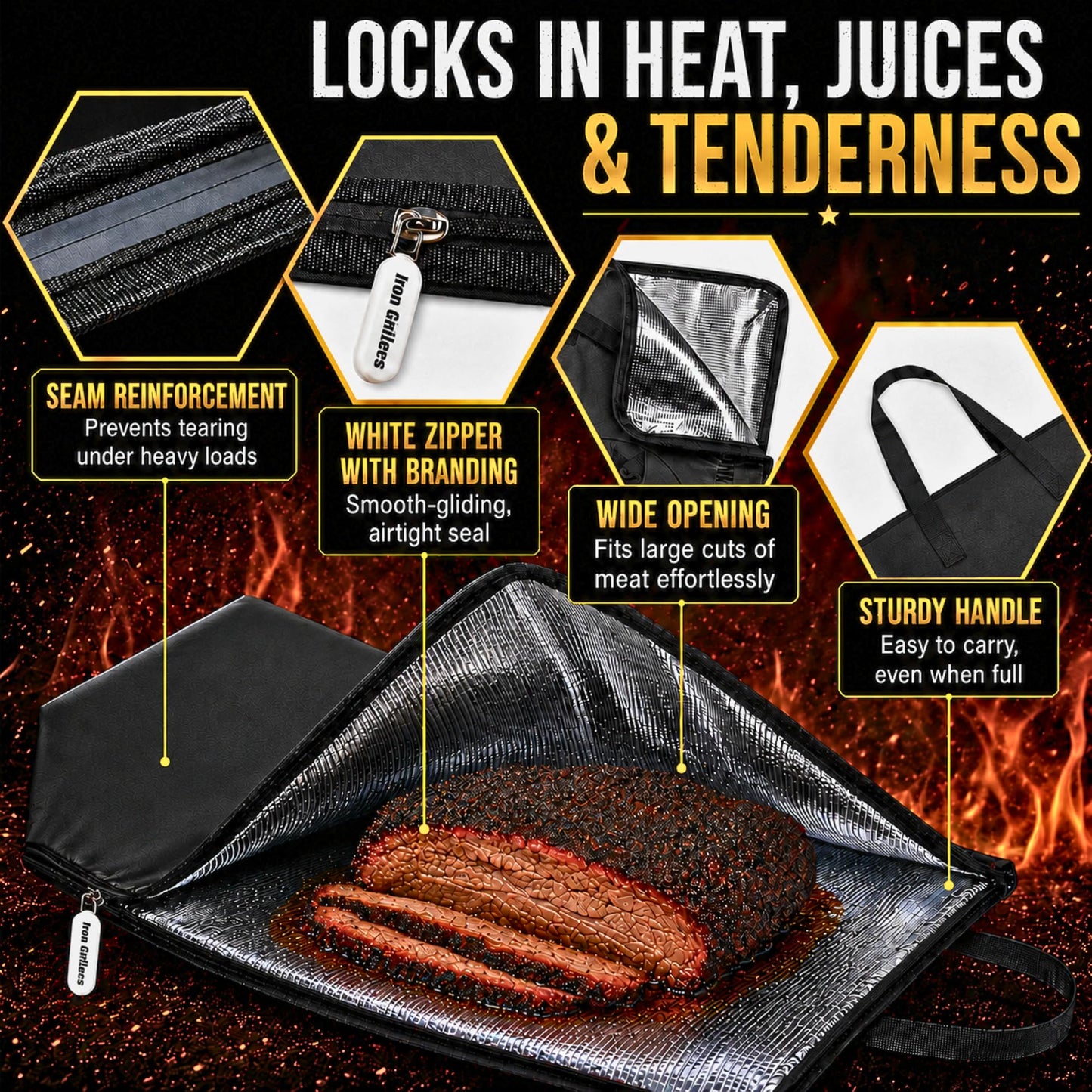 24" Leather BBQ Blanket for Resting Meat - Brisket Blanket Insulated Meat Resting Bag, Leak-Proof & Wide Mouth for Max Heat Retention - Built for Large Brisket, Pork, Beef & Turkey (24 Inch Black)