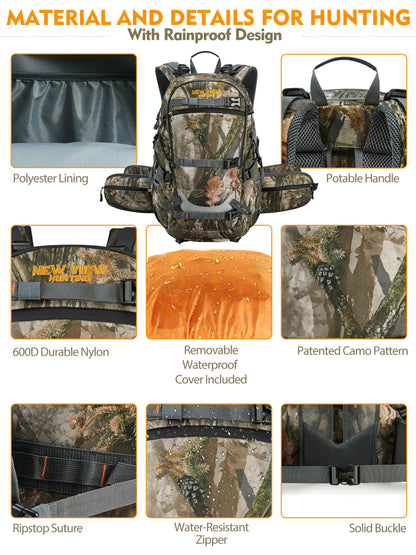 NEW VIEW Hunting Backpacks for Men 35L, Camo Backpack for Hunting with Rifle Bow Gun Holder, Waterproof Hunting Pack with Rain Rover