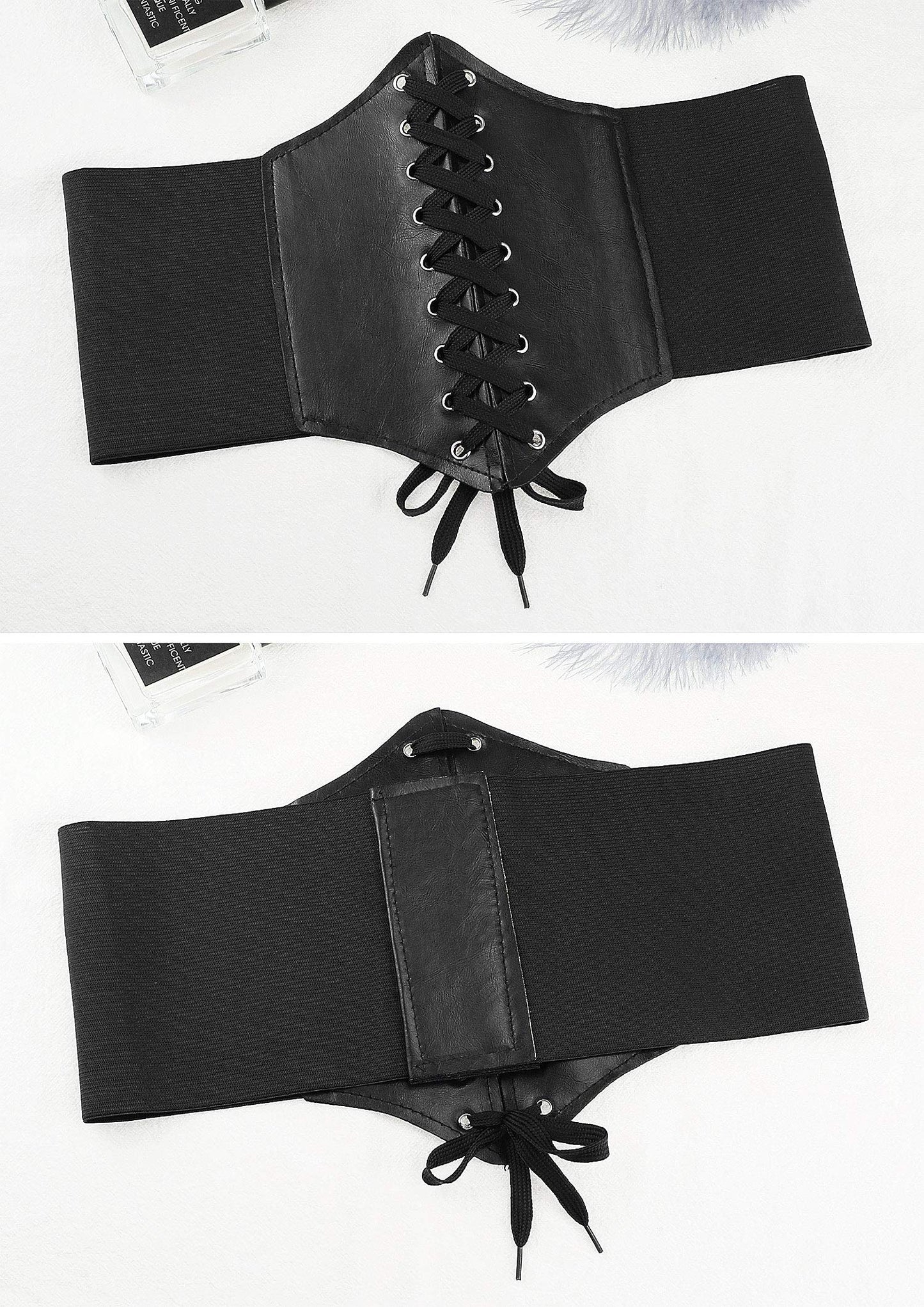 Glamorstar Corset Belt for Women Wide Elastic Tied Waspie Belts Lace-up Leather Waist Belts for Women Dresses 65cm Black