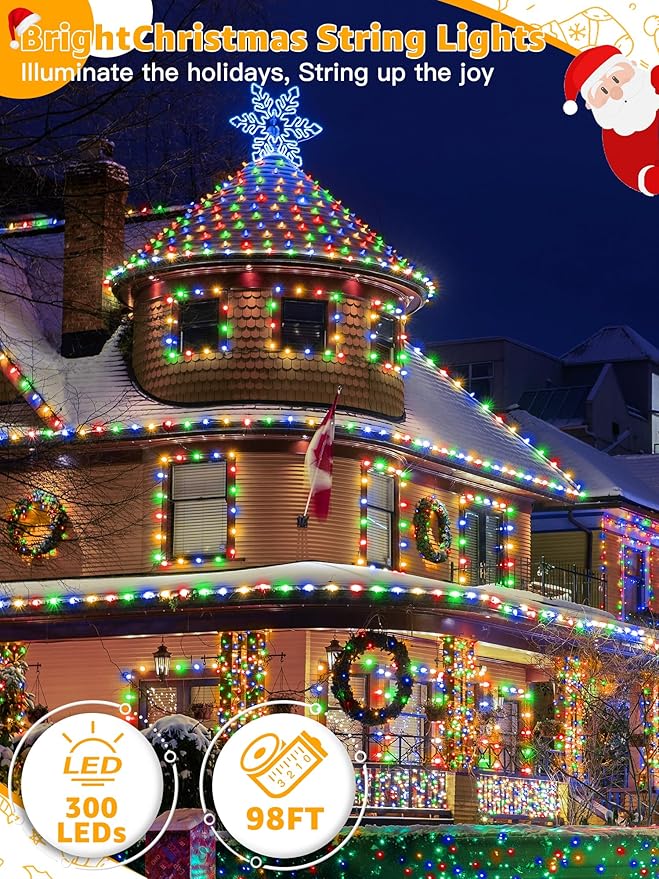 300 LED 98 FT Christmas Lights, Waterproof Outdoor String Lights with Remote and Timer, Christmas Tree Lights with 8 Modes Dimmable, Fairy Lights for Holiday Decor (Multicolor)