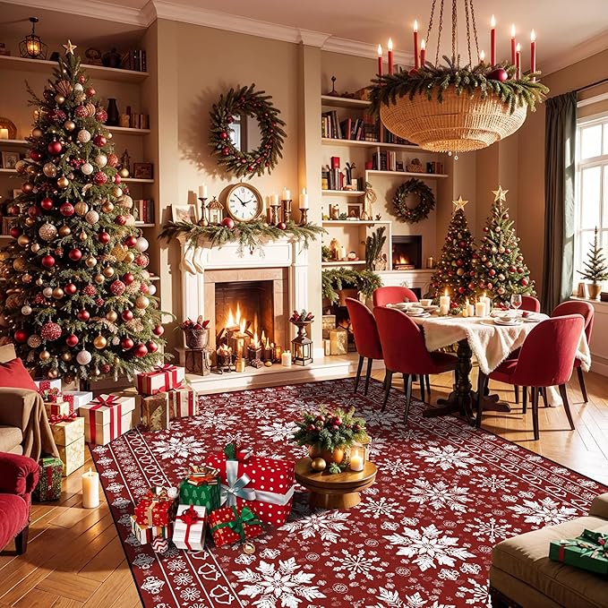 4' X 6' Christmas Rug Snowflake Area Rugs for Living Room Bedroom Dining Room Nursery Dorm Plaid Mat Washable for Kids Girls Women Xmas Carpet Floor Pad Doormat Winter