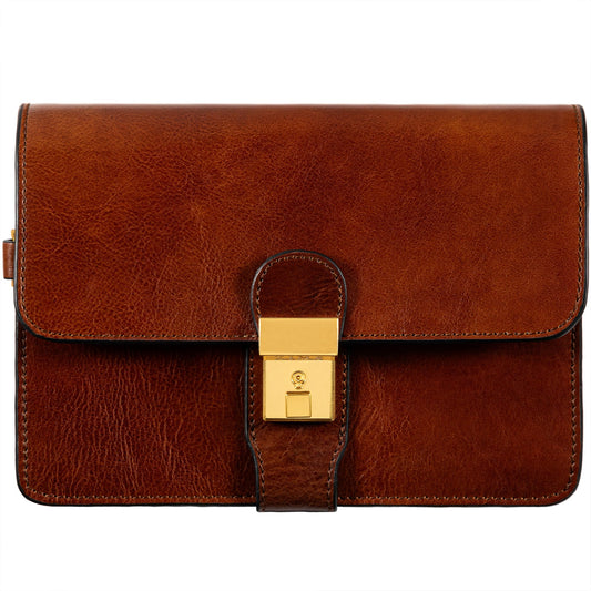 Time Resistance Leather Clutch - Organizer Bag for Men - Wrist Bag - Briefcase Handmade in Italy (Cognac Brown) - Handbag for Men - Gift Box Included