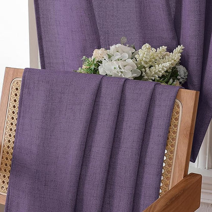 Tollpiz Short Linen Curtain Living Room Rod Pocket Semi Sheer Curtains Burlap Light Filtering Thick Linen Drape for Bedroom, 54 x 45 inches Long, Royal Purple, Set of 2 Panels