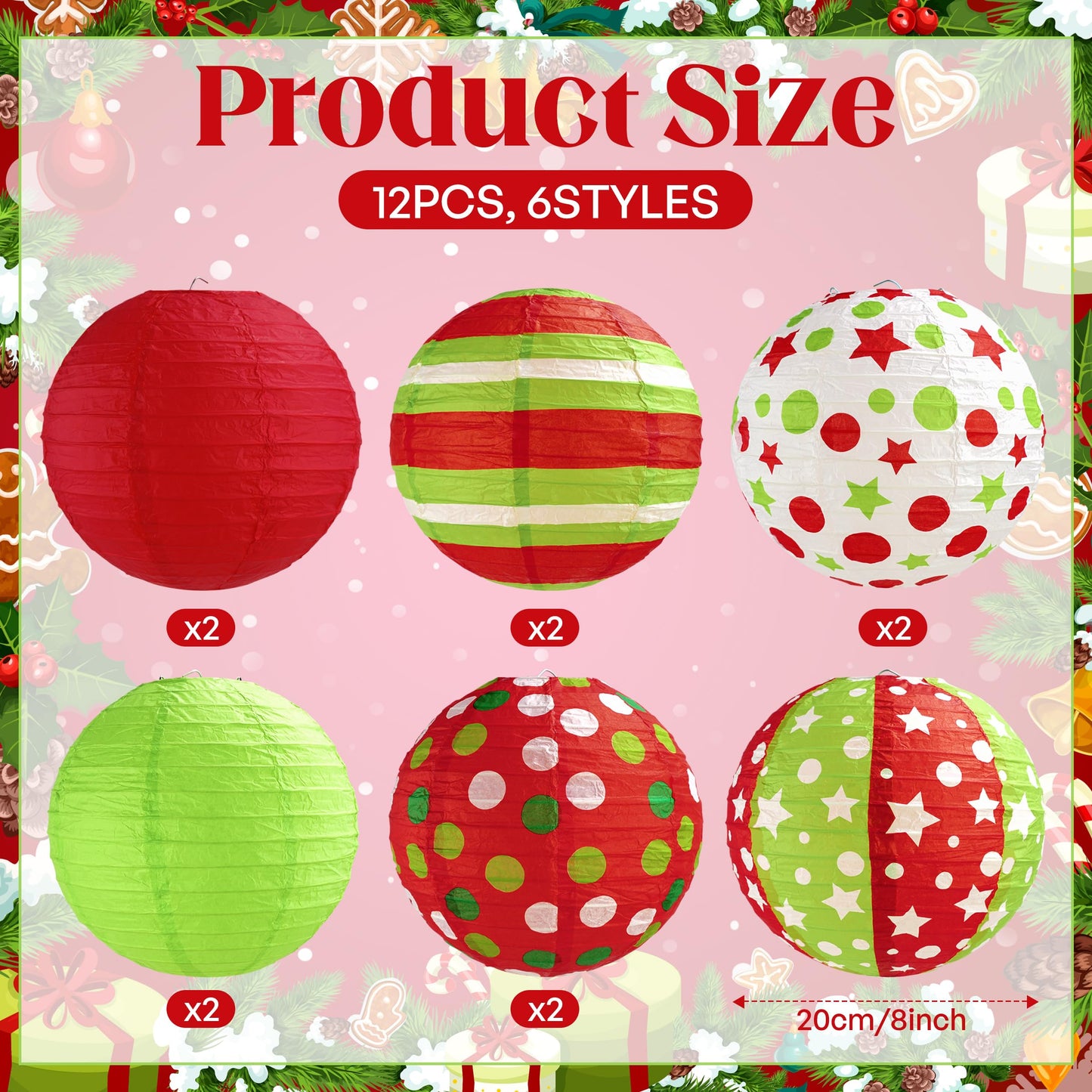 12 Pcs Red Green Christmas Hanging Paper Lanterns 8 Inch Christmas Party Lanterns Indoor Outdoor Decorative for Xmas Holiday Party Baby Shower Birthday