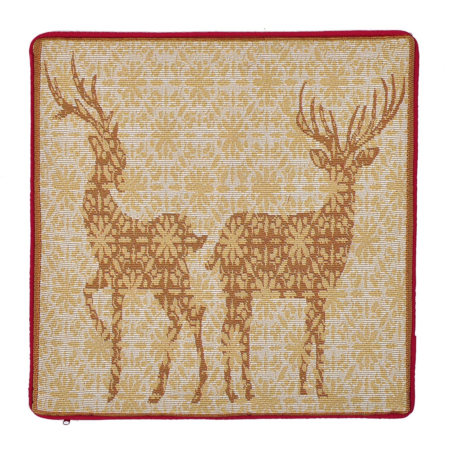 Christmas Tapestry Throw Pillow Cover 16x16 Inch - Festive Woven Jacquard Reindeer Cushion Case - Red Piping, Hidden Zipper - Decorative Holiday Home Decor for Sofa/Couch