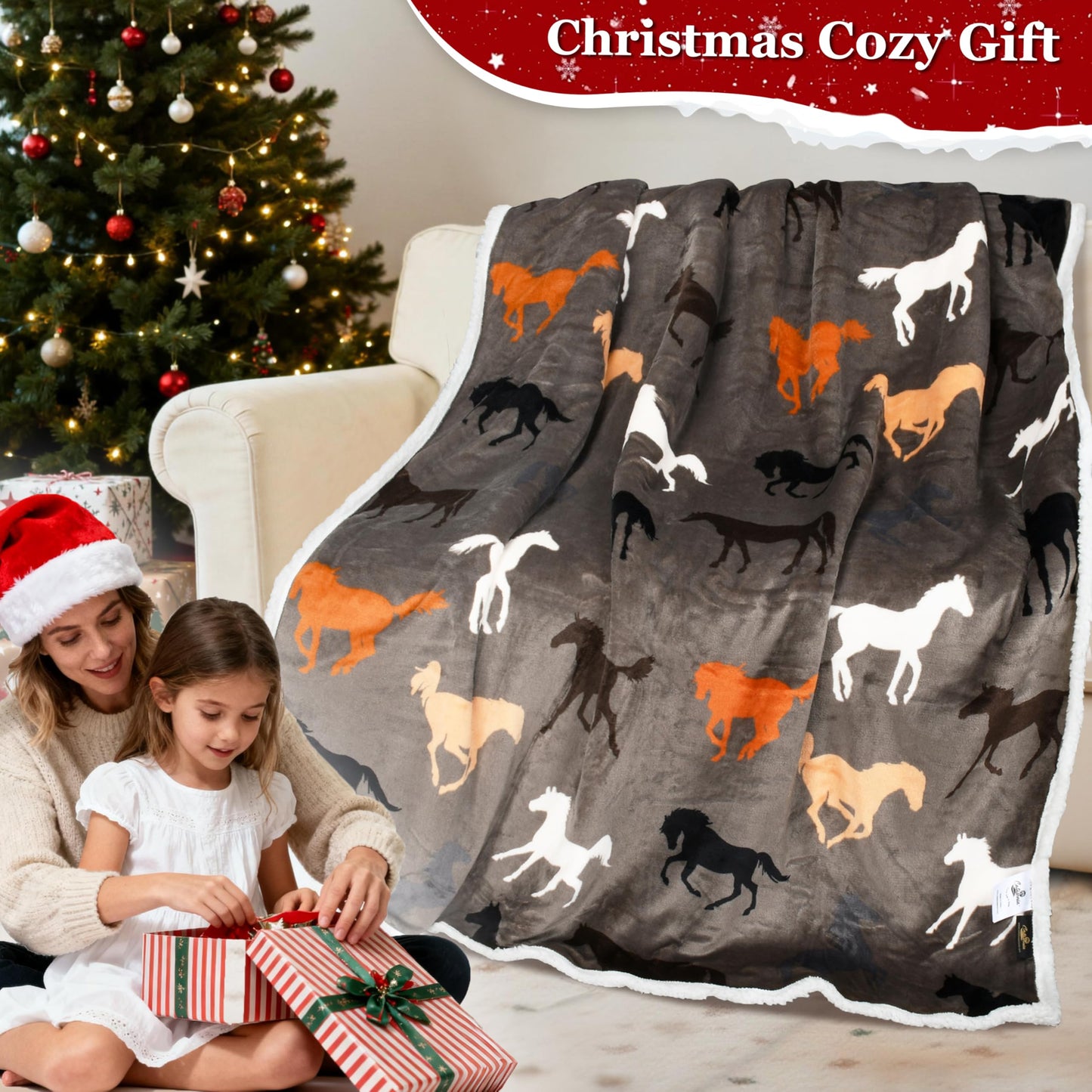 Catalonia Horse Print Sherpa Fleece Throw Blanket, Soft Mink Plush Couch Blanket, Fuzzy Fluffy Comfy Warm Throws, Gift for Her, Horse Gifts for Women, 50x60 inches