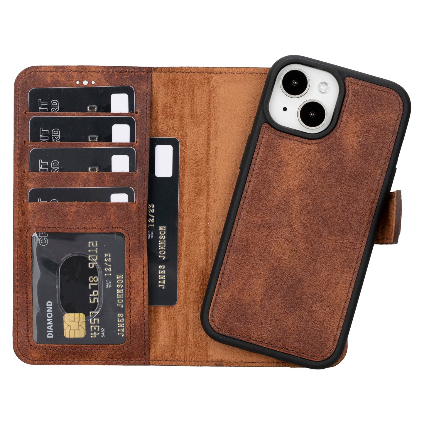 HARDISTON Genuine Leather Handmade Wallet Case Compatible with iPhone 15 - MagSafe Compatible - Detachable Strong Magnetic Flip Cover with Card Holders - Horizontal Kickstand (Brown)