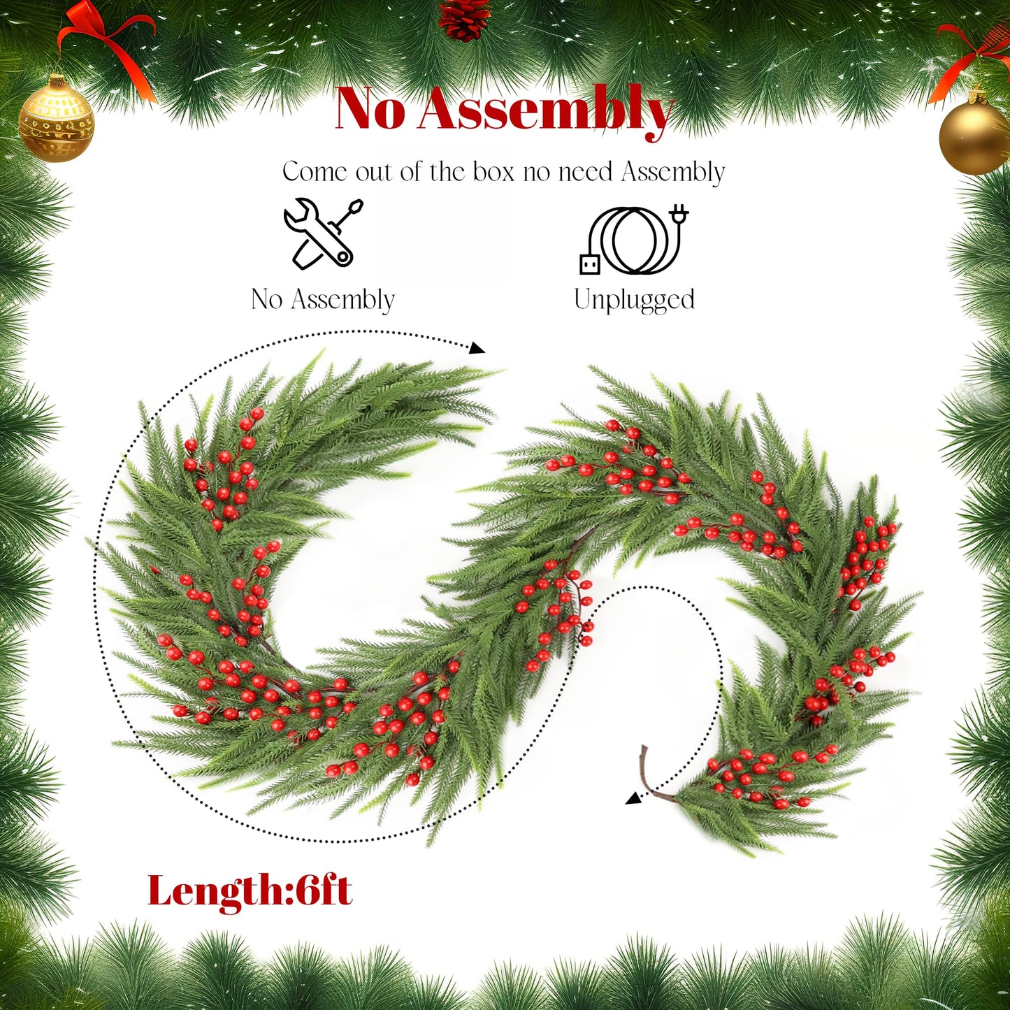 Christmas Norfolk Pine Garland,Real Touch Faux Winter Greenery Garland with Light for Stairs Table Fireplace Backdrop Wall,Christmas Holiday Seasonal Winter Decor (6ft)
