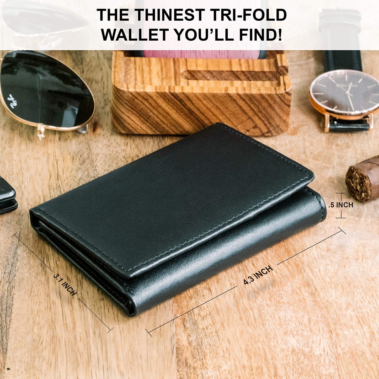 Top Grain Leather Trifold Wallet for Men | RFID Blocking | Ultra Strong Stitching | Extra Capacity Trifold Wallet | Thin and Sophisticated Tri-Fold Design