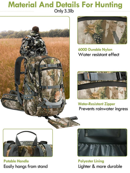 Camo Hunting Backpack for Men, 35L Durable Hunting Pack, 600D Daypack with Rain Cover, Interal Frame Support