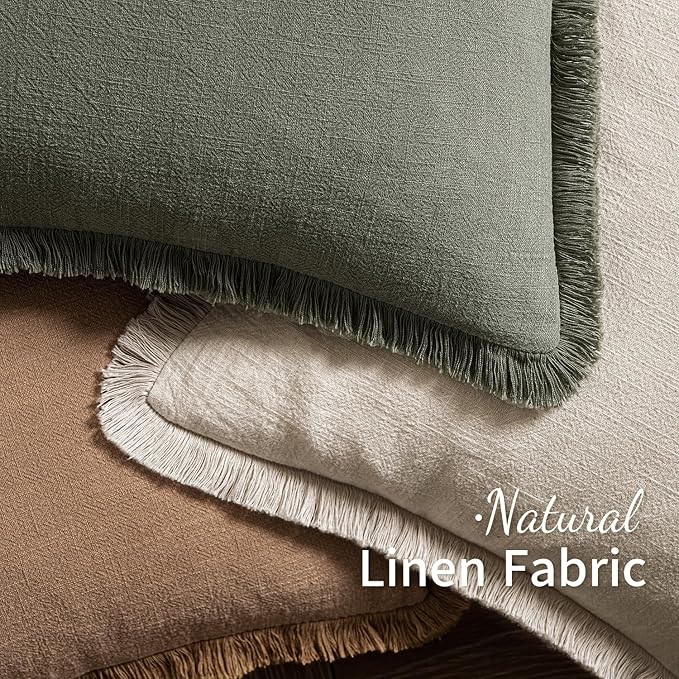 MIULEE Decorative Throw Pillow Covers Neutral Linen Fringe Throw Pillows Euro Shams Set of 2 Light Olive Green Boho Farmhouse Cushions for Couch Sofa Bed Living Room Spring Home Decor 22x22 Inch