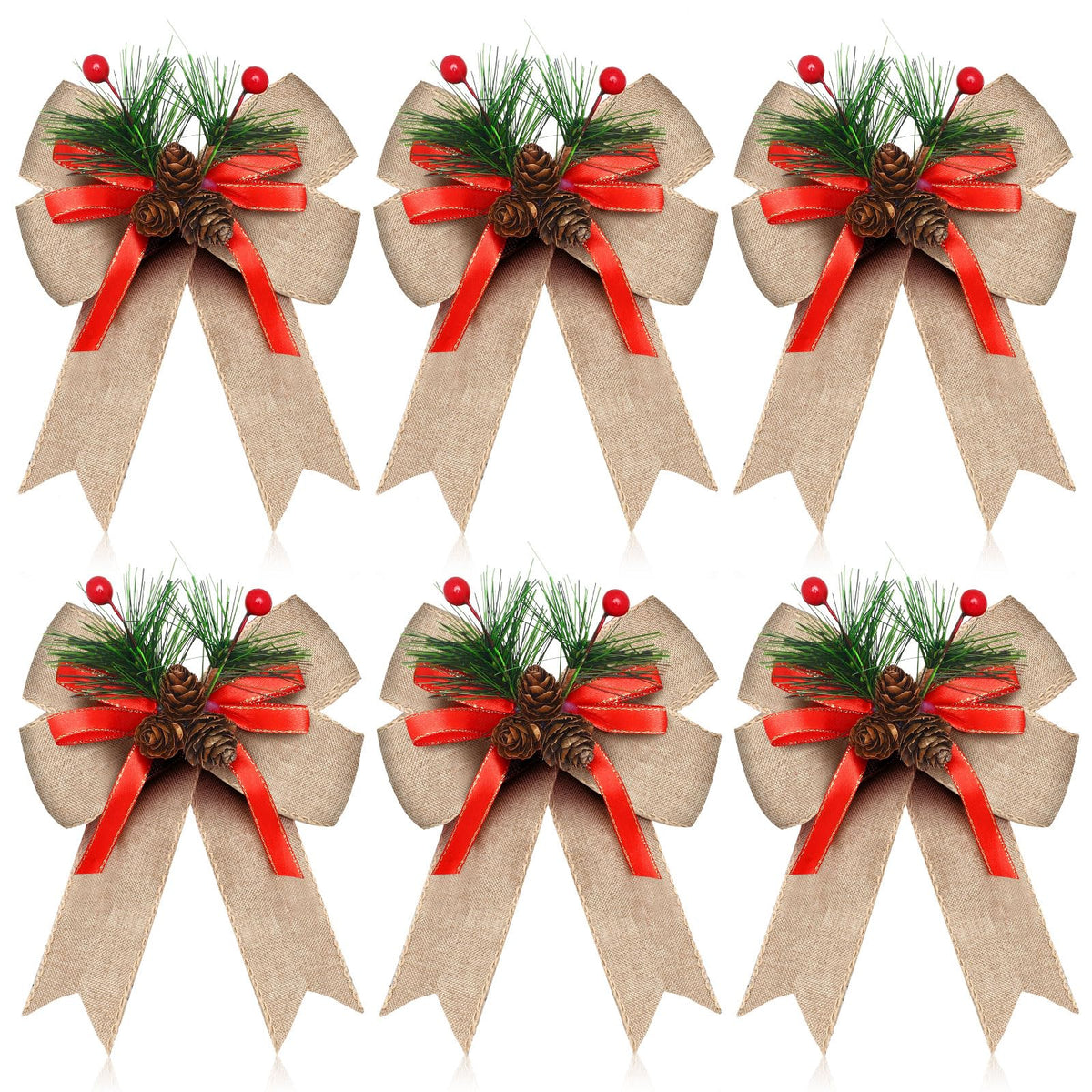 Syhood 6 Pcs Christmas Bows with Pine Cones Pine Needles Xmas Flaxen Bows Ribbon Christmas Tree Wreath Decoration for Xmas Parties Indoor Outdoor Crafts DIY Decor