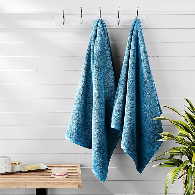 Amazon Basics 2-Piece Quick-Dry Oversize Bath Towel, 100% Cotton, Lake Blue