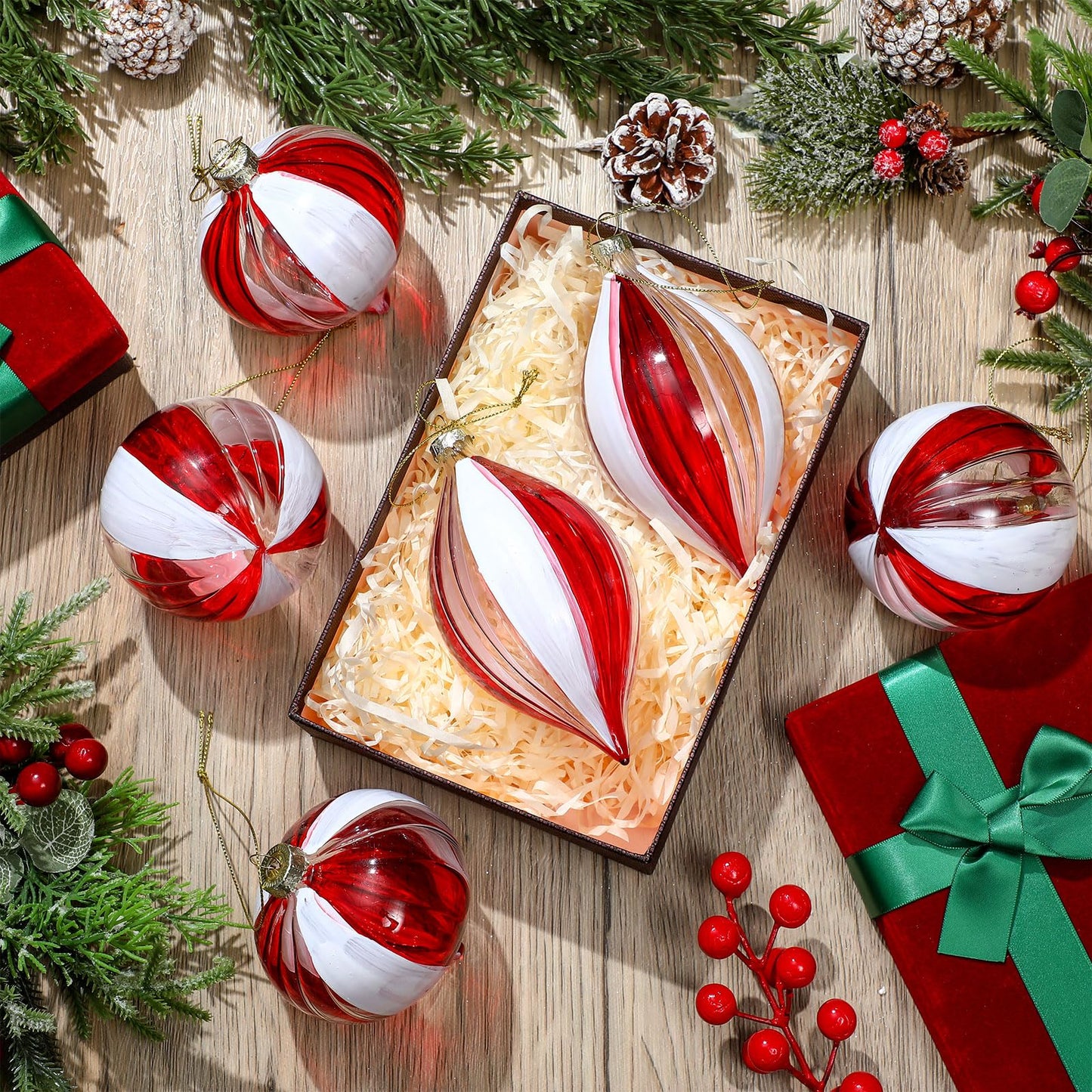 Motionchic 6 Pcs Christmas Candy Balls Ornament Glass Christmas Tree Decorations Red and White Striped Peppermint Hanging Xmas Decorations for Trees Party Wedding Holiday, 3 Styles