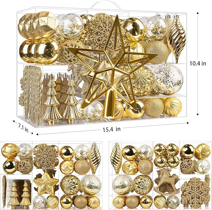 SHareconn 100pcs Christmas Tree Decorations Ornaments Set, Shatterproof Plastic Baubles Decorative Balls for Xmas Tree Decor Holiday Wedding Party, Gold