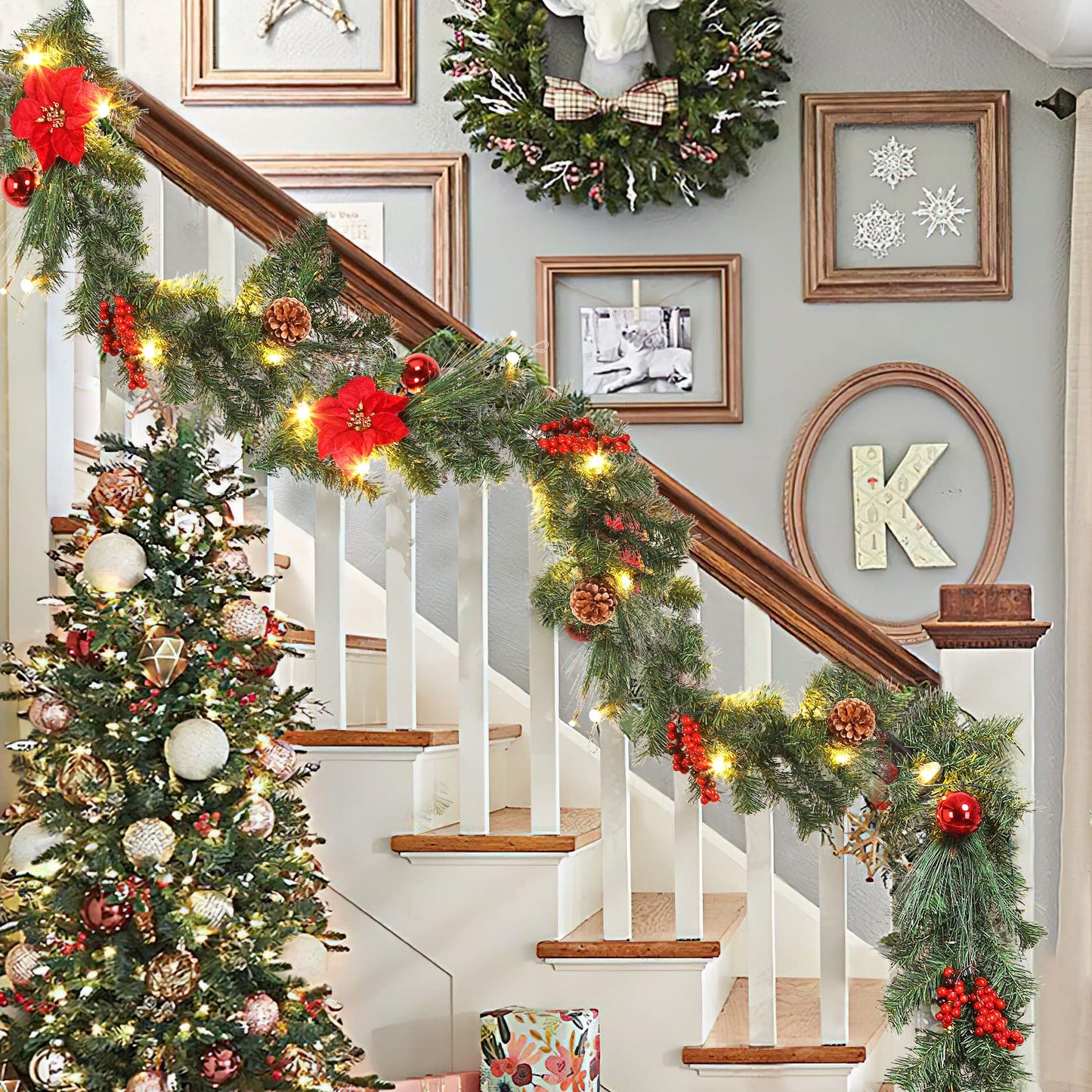 Adeeing Prelit Christmas Garland with 20 LED Lights - Red Poinsettia Flowers, Berries and Pine Cones - 6FT Lighted Garland for Mantle & Outdoor Decoration