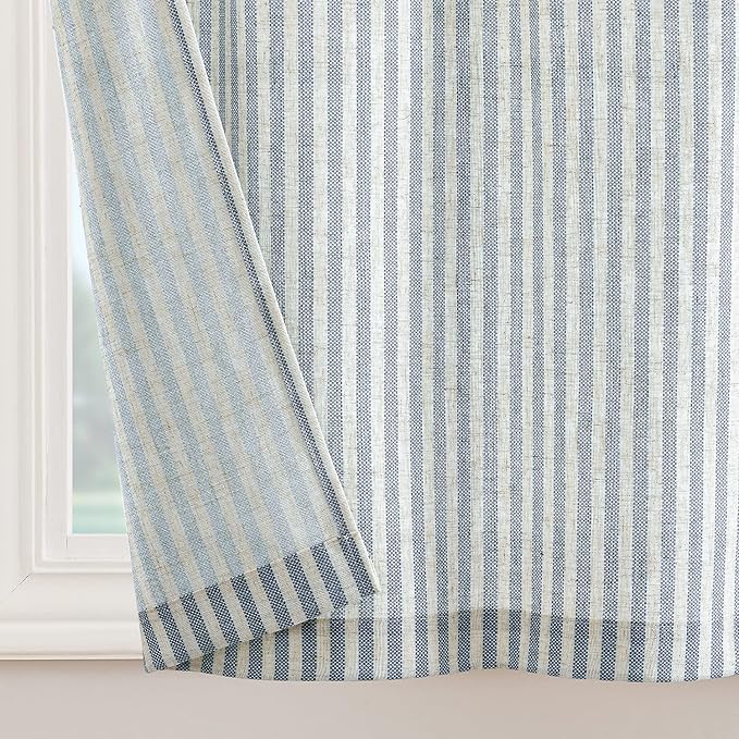 jinchan Tab Top Linen Kitchen Curtains 36 Inches Striped Tier Curtains Farmhouse Modern Cafe Style Small Window Treatments Airy Light Filtering Rod Pocket for Living Room Bathroom 2 Panels Blue