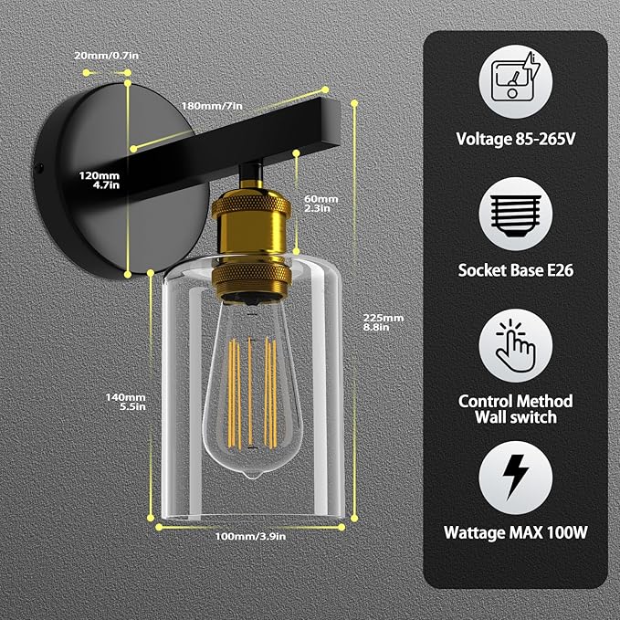 Set of Two Wall Sconces for Bedroom, Modern Wall Mount Light Fixtures with Clear Glass Shade Lighting Lanterns, Farmhouse Wall Lights for Bathroom Living Room Mirror Hallway Kitchen (E26 Base)