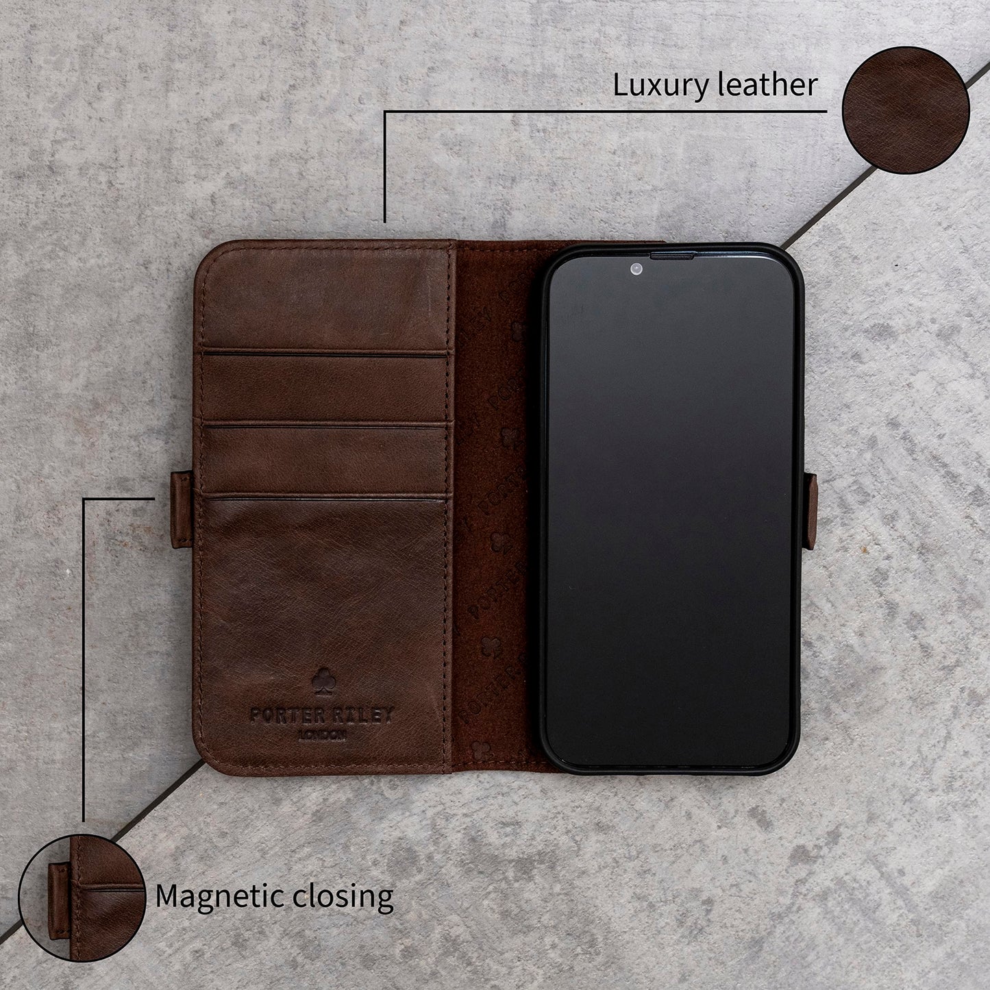 Porter Riley - Leather Case for Samsung Galaxy S23. Premium Genuine Leather Stand Case/Wallet/Cover (Chocolate Brown)