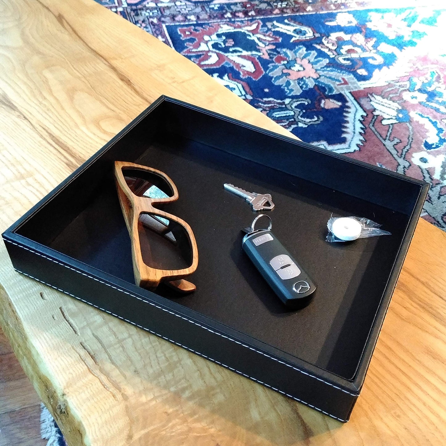 ULTRAY, Valet Tray, Desk Tray, Key Bowl, Nightstand Organizer for Men, Black PU Leather, 10.3 x 8.3 x 1.6 inches
