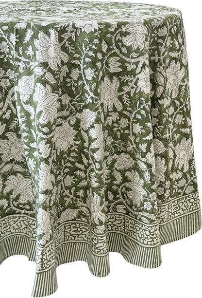ATOSII Noori Green 100% Cotton Round Tablecloth, Handblock Print Floral Table Cloth for Kitchen Dining Linen I Parties, Weddings, Outdoors I Summer Home Decor 60" Inches Round