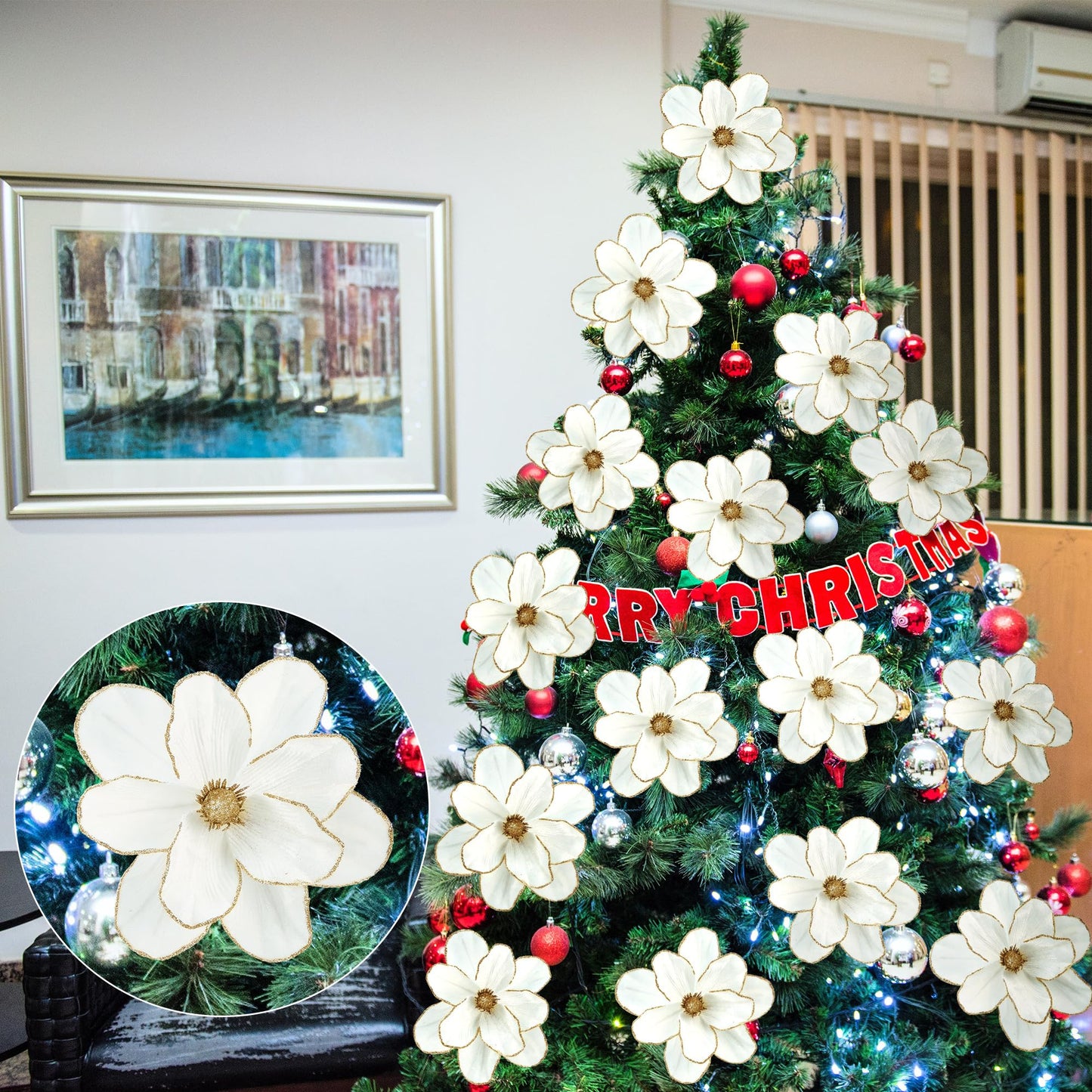 Sggvecsy 10Pcs Christmas Glitter Flowers Velvet Magnolia Flower Christmas Tree Ornaments Artificial Poinsettia Floral Picks for Xmas Wedding DIY Crafts Wreath Party Floral Decorations(White)