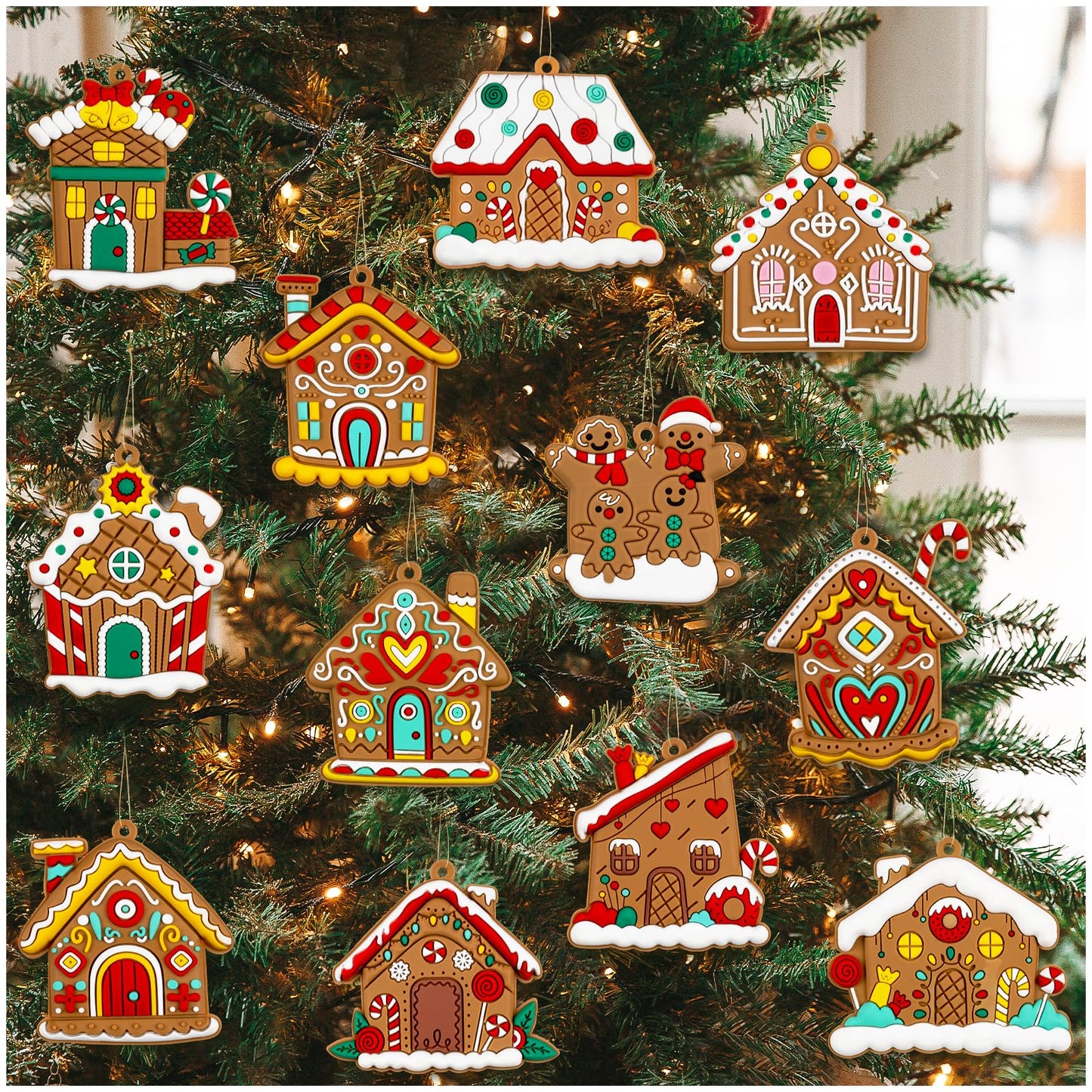Gingerbread House Ornaments Christmas Tree Decoration - 12pcs Gingerbread House Christmas Decorations Hanging Ornaments for Holiday Xmas Tree Home Decor
