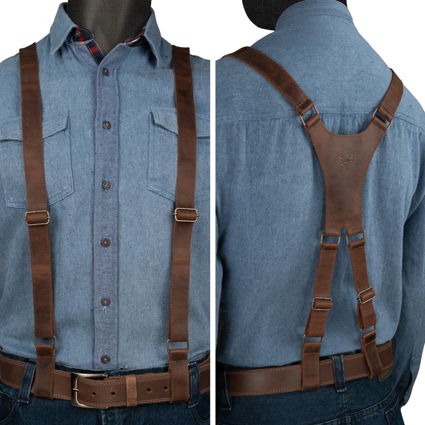 Hide & Groom, X Back Suspender with Belt Loops for Groomsmen, Formal Wear for Weddings, Full Grain Leather, Handmade (Bourbon Brown)