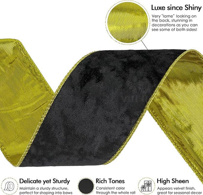 MEEDEE Black and Gold Velvet Ribbon 2.5 inch with 10 Yards Spool Two Tone Velvet Wired Ribbon for Gift Wrapping, Halloween Wreaths, Christmas Tree, Large Bow, Crafts Supply