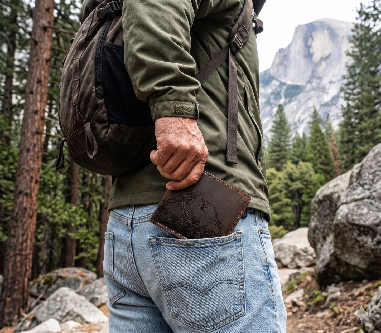 Mayan Corner - Mountain landscape handcrafted leather wallet, distress waxed leather gift, ID card slot bifold style
