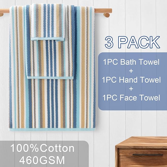 Striped Towels Set, 1 Bath 28"x52", 1 Hand 16"x27", 1 Face 13"x13", Luxury Bath