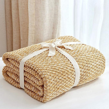 Longhui bedding Gold Knitted Throw Blanket for Couch, Soft, Cozy Machine Washable 100% Cotton Sofa Blanket, Heavy 2.5lb Weight, Laundry Bag Included, Mustard Yellow and White