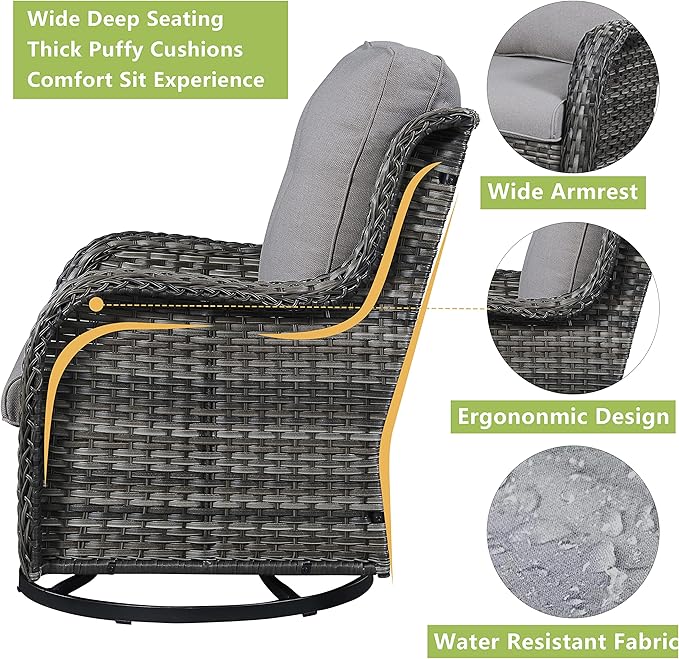 Rilyson Wicker Patio Furniture Set - 7 Piece Rattan Outdoor Sectional Conversation Sets with 2 Rocking Swivel Chairs,2 Ottomans,2 Sofa and 1 Coffee Table for Porch Deck Garden(Mixed Grey/Grey)