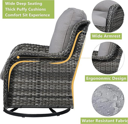 Rilyson Wicker Rocking Chair Swivel Chairs - 3 Piece Rocker Patio Furniture Set Rattan Rocking Bistro Sets with Glass Top Side Table for Outdoor Porch Deck Garden Backyard (Mixed Grey/Grey)