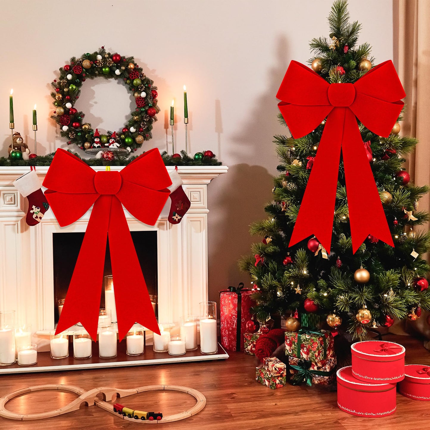 1 PCS Christmas Decorations, 16x24 In Large Christmas Bows, Red PVC Velvet Bows for Christmas Tree, Indoor Outdoor Holiday Xmas Decor Home Wreath Fence Stairs Railing Fireplace Front Door Supplies