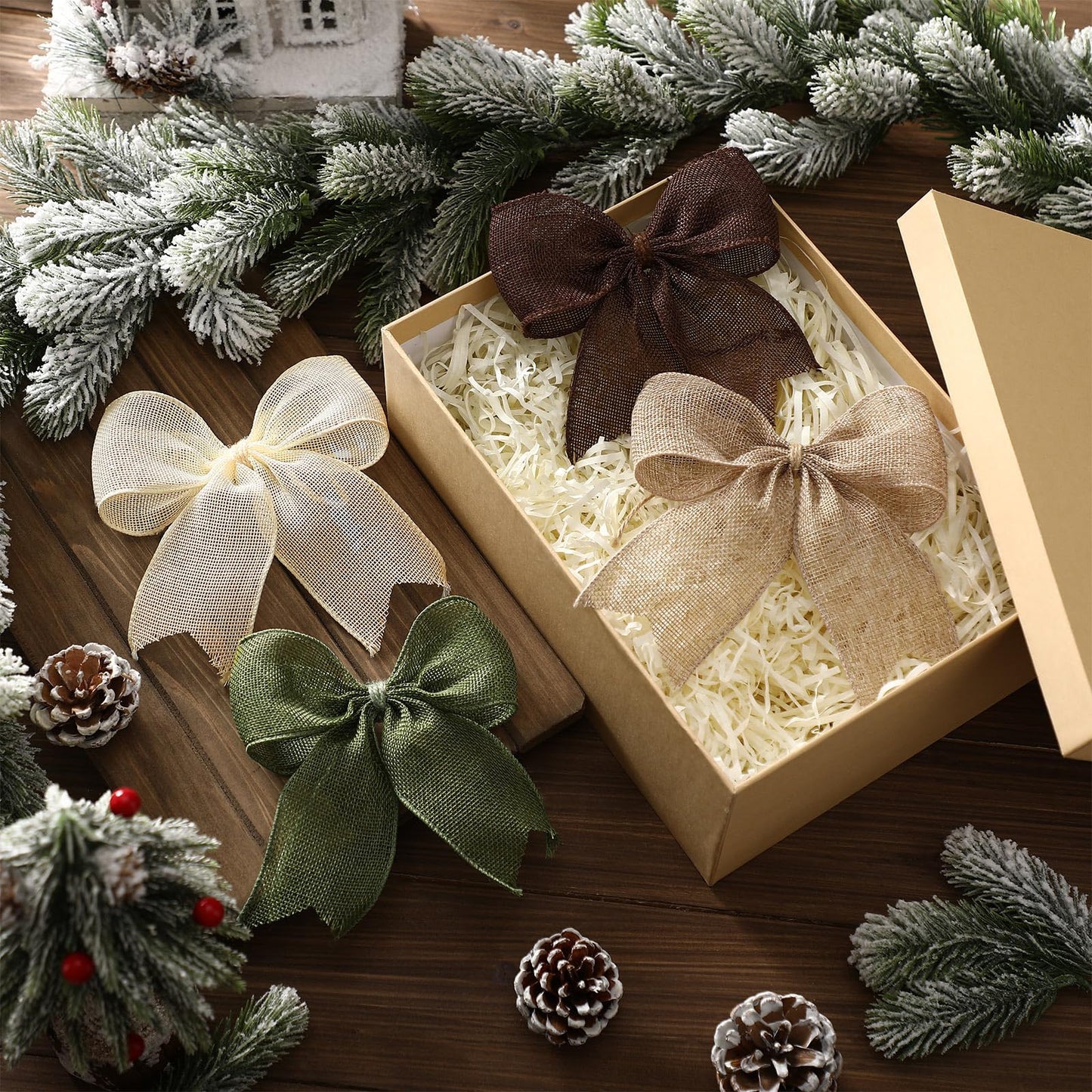 Suncalla 24 Pcs Burlap Christmas Bows Decoration 5.9 Inch Christmas Tree Rustic Ornament Natural Burlap Ribbon Bow Knot for Xmas Tree Wreath Holiday Party Decorations (Neutral)