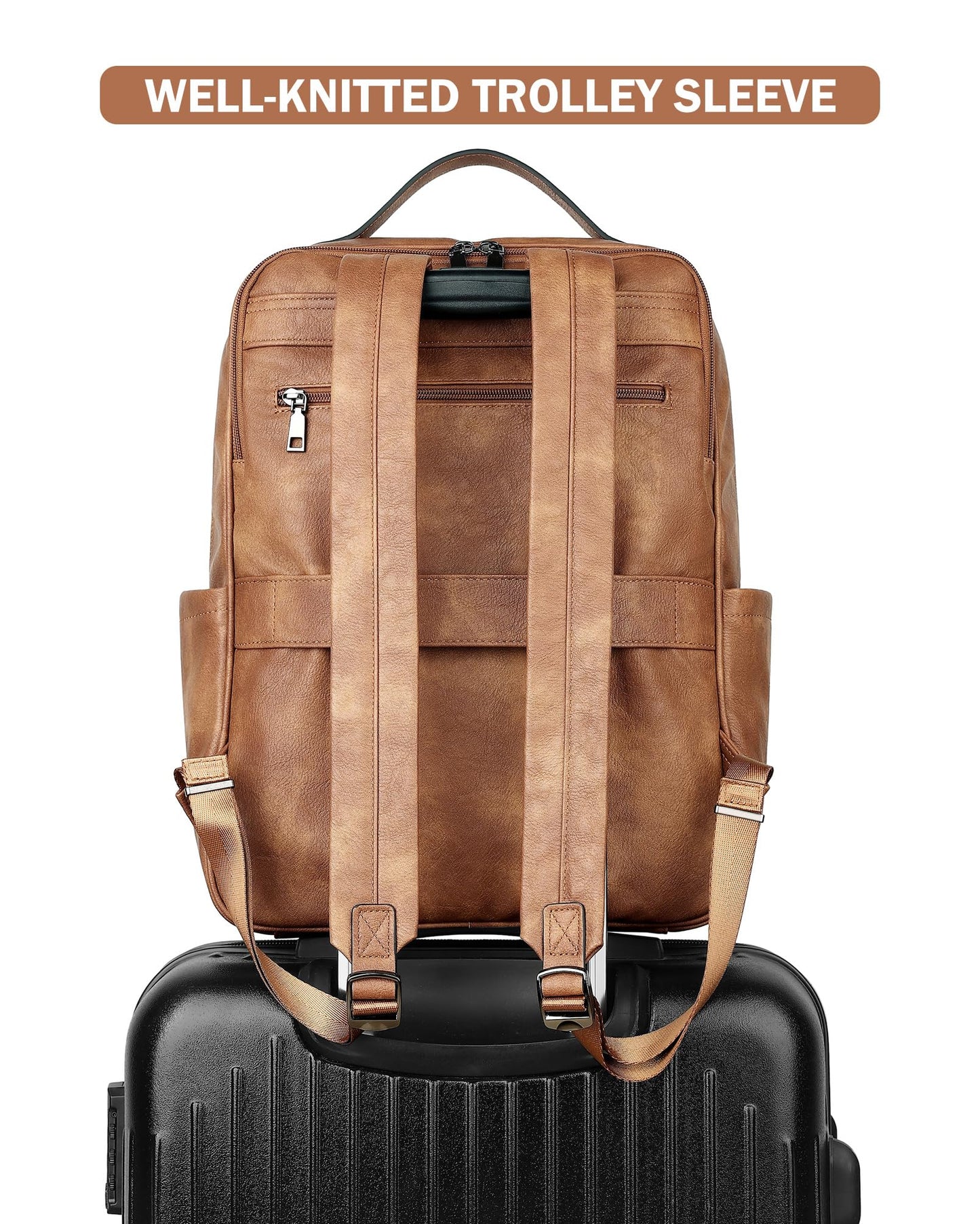 MASINTOR 15.6 inch PU Leather Laptop Backpack Purse for Women, Large College Casual Backpack Travel Bag Mocha Brown