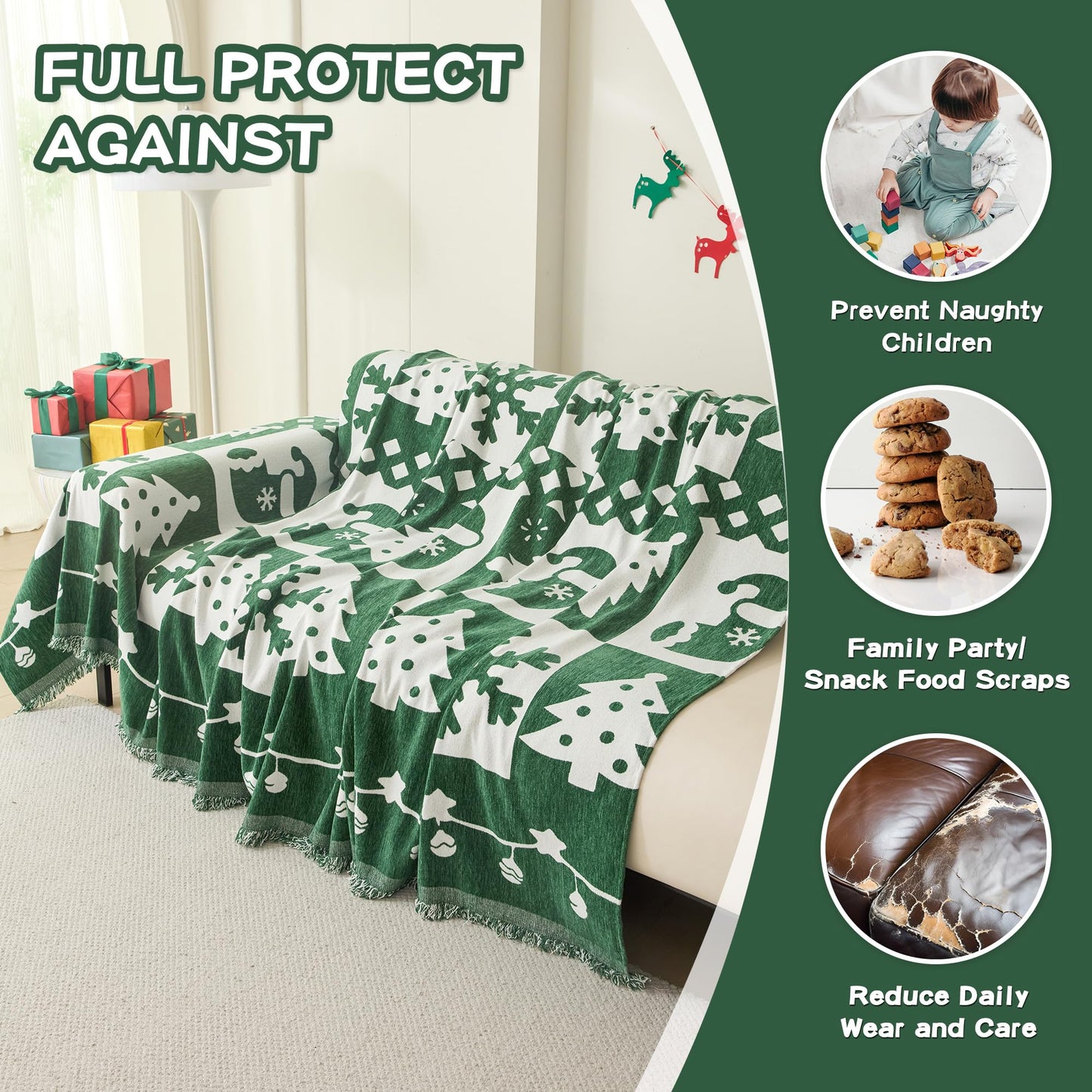 MEETSKY Christmas Couch Cover for Sectional Sofa, Chenille Loveseat Green Sofa Covers Washable for Pet Friendly Snowflake Christmas Tree Decorative Couch Covers, 71" x 102"