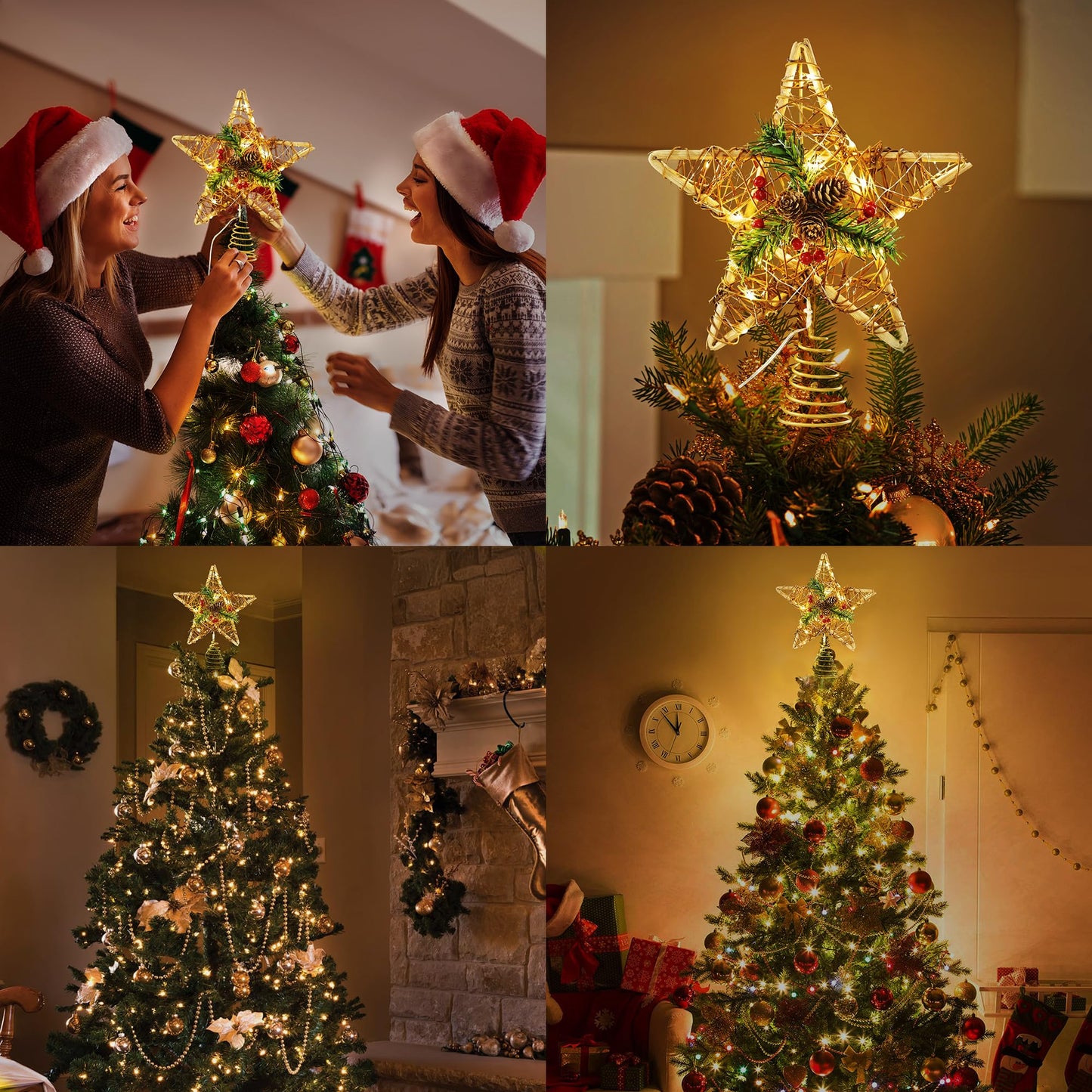 Brizled Christmas Tree Star, 10'' Rattan Christmas Tree Topper with 30 LED Lights, Battery Powered Xmas Treetop with Red Berries & Pine Cones, Xmas Tree Top Ornament for Christmas Tree Home Decor