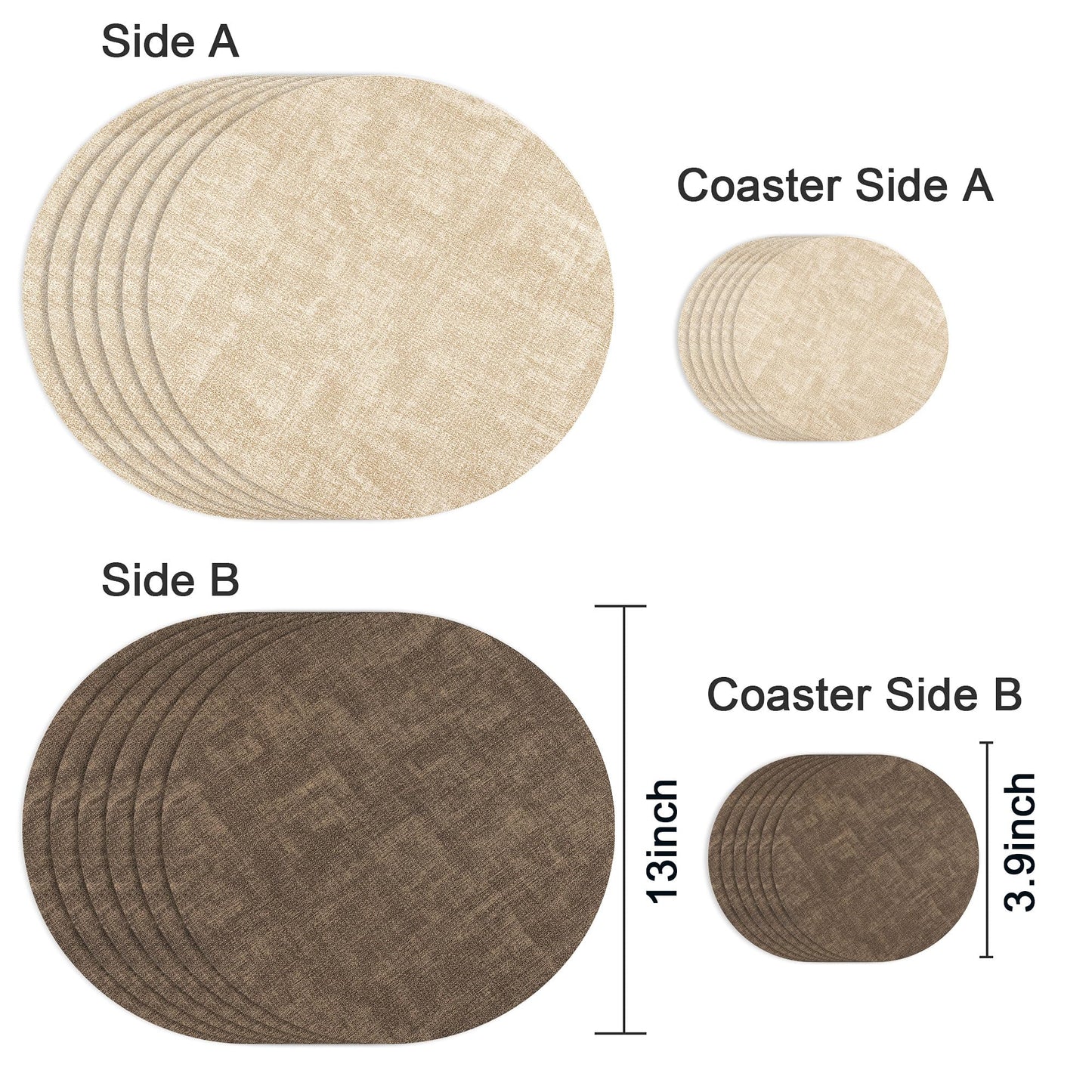 13-Inch Faux Leather Round Placemats Set of 6, Waterproof Anti-Slip Dual Sided Place mats, Heat Resistant Washable Table Mats with Coaster, Suitable for Indoor & Outdoor (6, Beige Dark Coffee)
