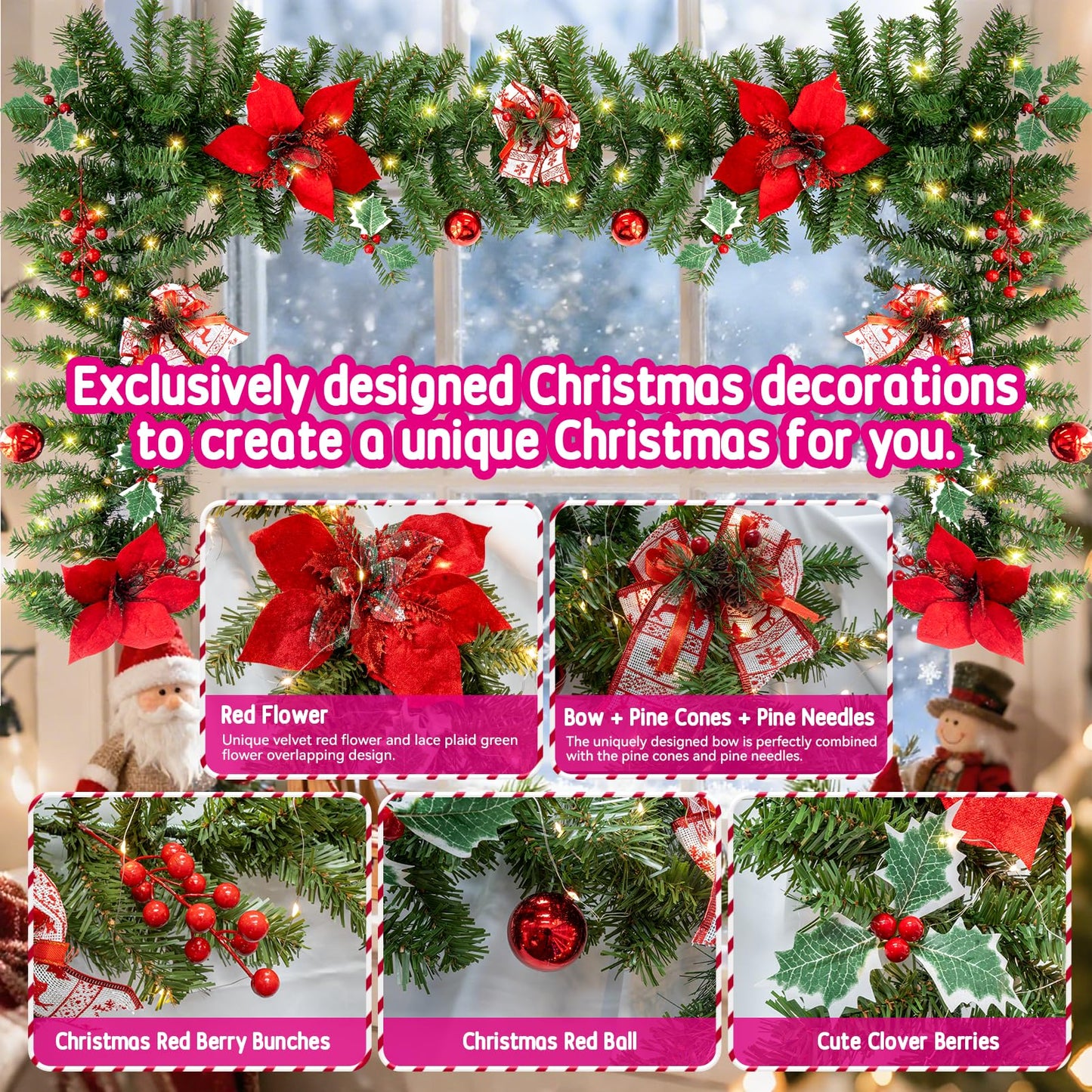 9 FT Christmas Garland with String Light (Individually Packaged), Red Berries, Pinecones, Three-Leafed Berry, Unique Red Flower and Bowknot, Perfect for Decorating Mantel, Staircase, Doorway