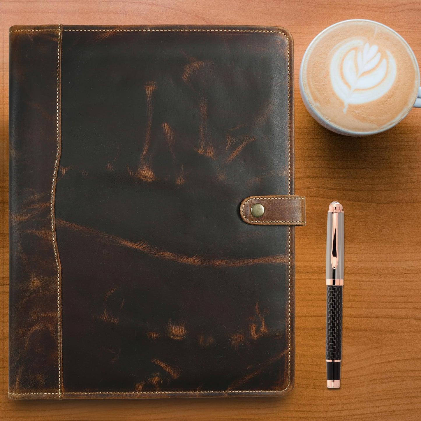 Leather Portfolio, Leather Binder with Pen, Resume Organizer & Padfolio for Men and Women | Business Portfolio with Card Holder & Document Organizer (Antique Brown)