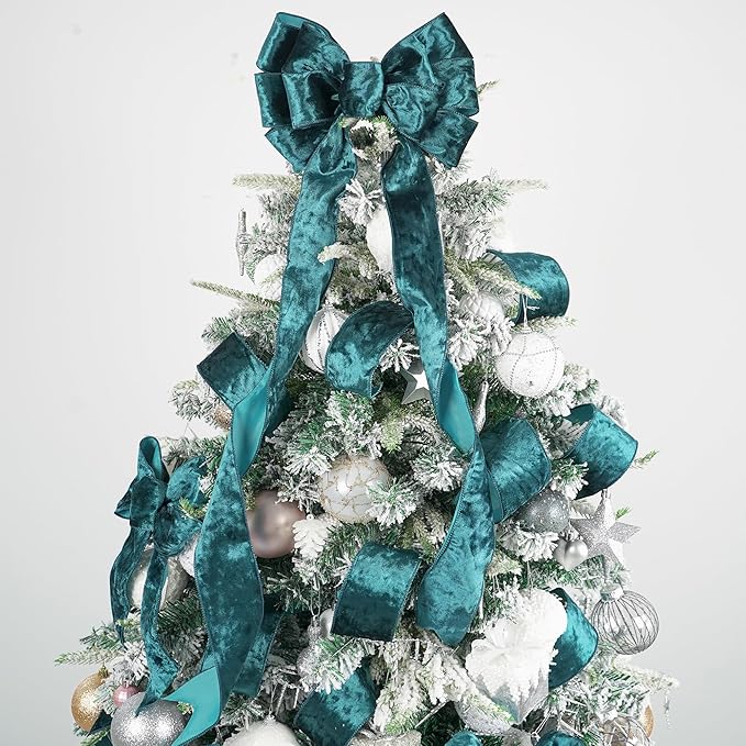 MEEDEE Teal Velvet Ribbon - 2.5 Inch Wired Velvet Crushed Teal Blue Christmas Ribbon, 10 Yards for Tree Decoration, Wreath Supplies, Crafts Bow Making