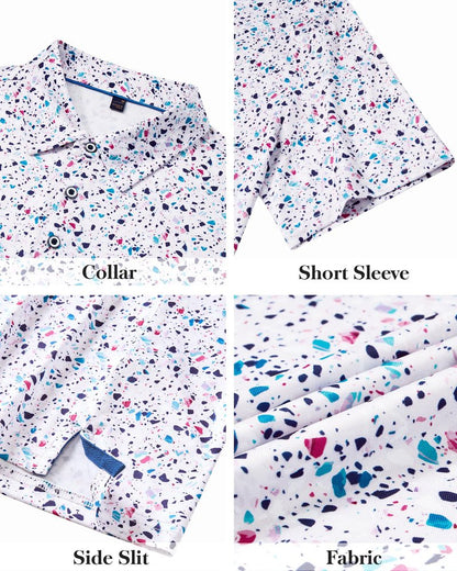 DEMEANOR Mens Golf Shirt Short Sleeve Dry Fit Performance Moisture Wicking Casual Polos Collared Polo Shirts White Dots 2XL