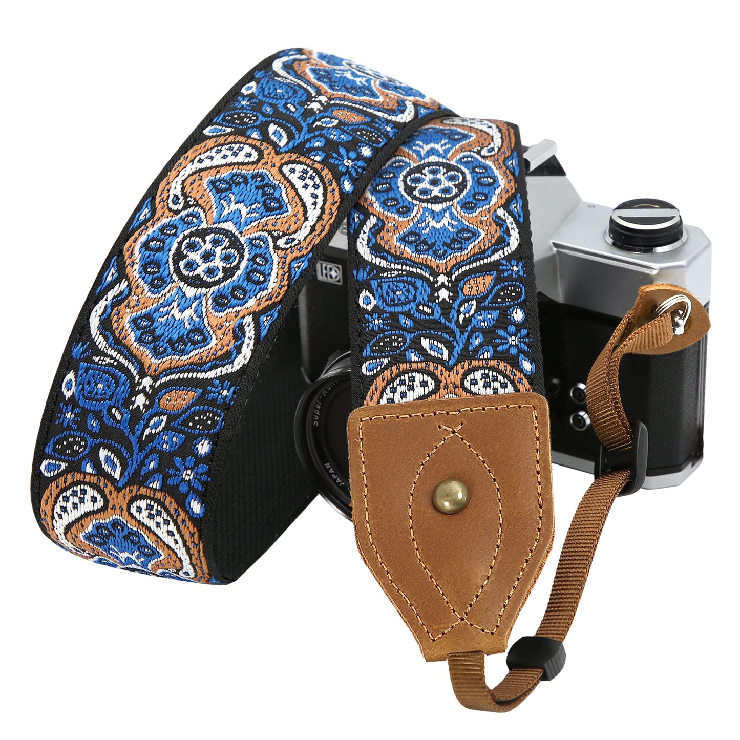 Padwa Lifestyle Camera Strap - 2" Wide Crazy Horse Art Cowhide Head,Vintage Jacquard Embroidery Camera Straps for Photographers Gift, Adjustable Shoulder Neck Strap Fits DSLR Cameras(Elegant Blue)