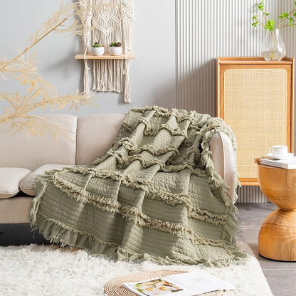Ultra Soft Pre-Washed Quilted Throw Blanket, Ruffle Fringed Olive Green Decorative Throw, Sage Green Stone Washed Chic Rustic Blanket for Sofa Couch Bed, 50"x 60"