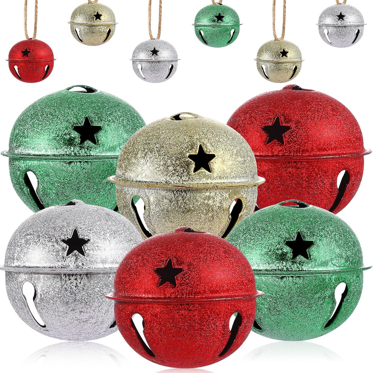 Zubebe Christmas Bells Jingle Bells Large 2.5 Inch Star Cutout Ornament for Crafts Christmas Tree Decor Gift Wrapping(Glitter Red, Green, Gold, Silver,12 Pcs)