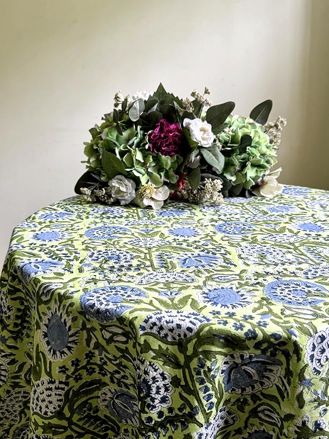 ATOSII Amara 100% Cotton Round Fall Tablecloth, Handblock Print Floral Table Cloth for Kitchen Dining Linen I Parties, Weddings, Christmas, Thanksgiving, Easter Grandmillennial Decor 60" Inches Round