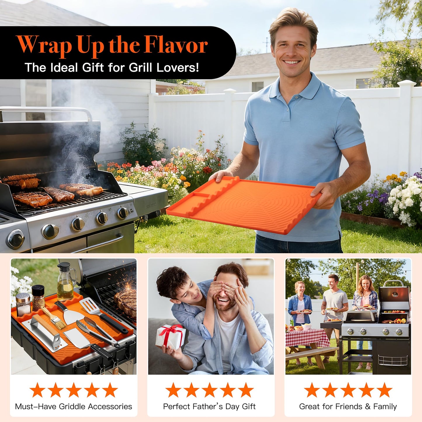 Silicone Grill Mat for Blackstone - BBQ Griddle Tools Side Mat with Drip Pad, Griddle Tools Mat for Outdoor Kitchen Countertop, BBQ Grill Accessories Gifts for Men (Orange)