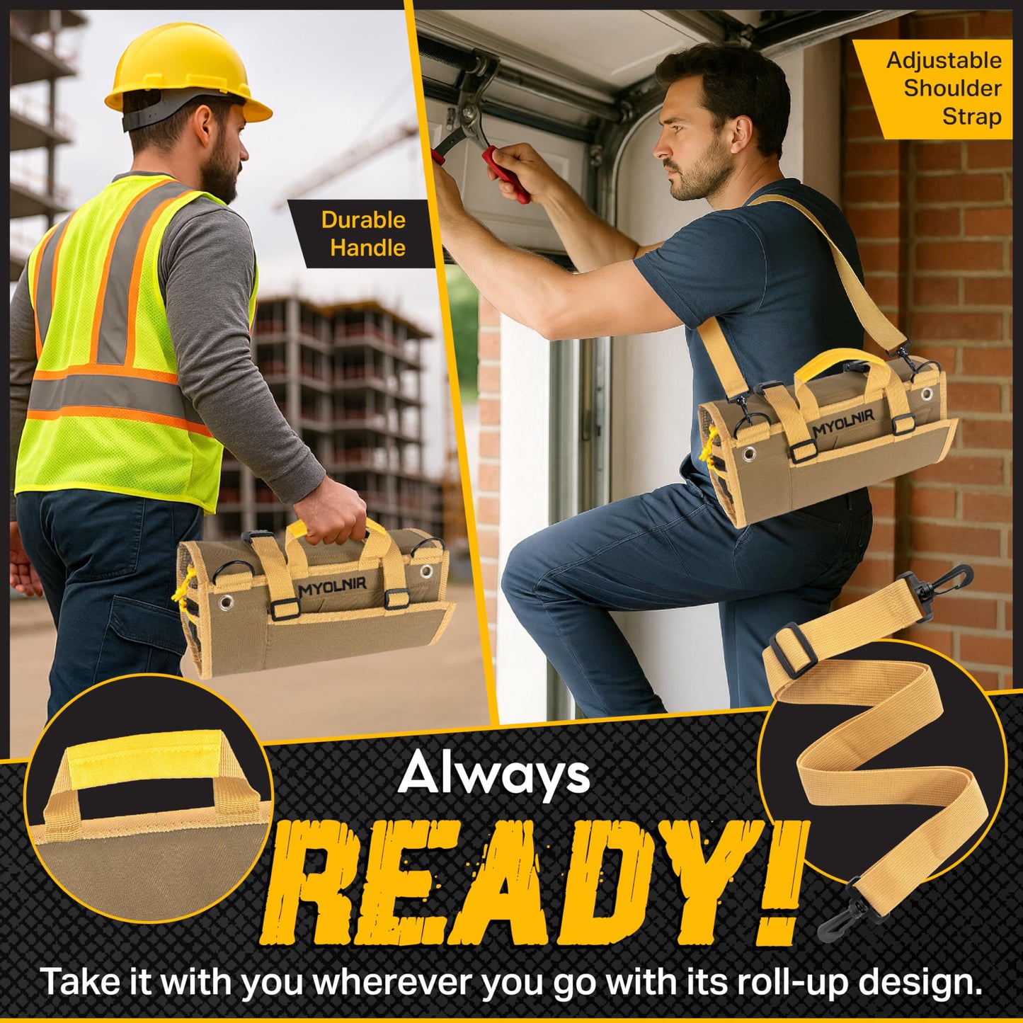 Myolnir Roll Up Tool Bag Organizer With Kickstand - Full-Size 25" Heavy Duty Tool Roll Bag - Portable Rollup Toolbag With Magnetic Panels & Transparent Pockets - Mechanic, Electrician & Tradesperson